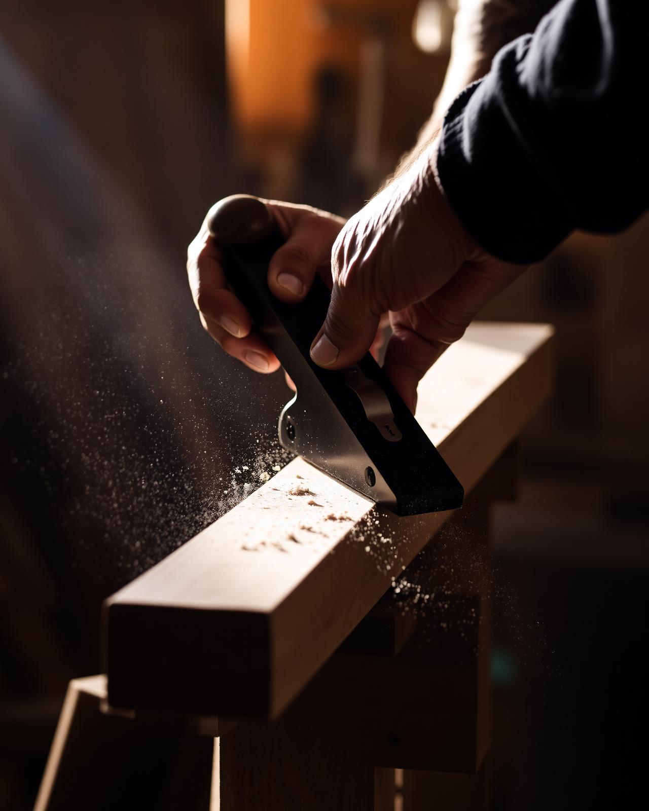 A craftsperson's hands working timber in a warm workshop