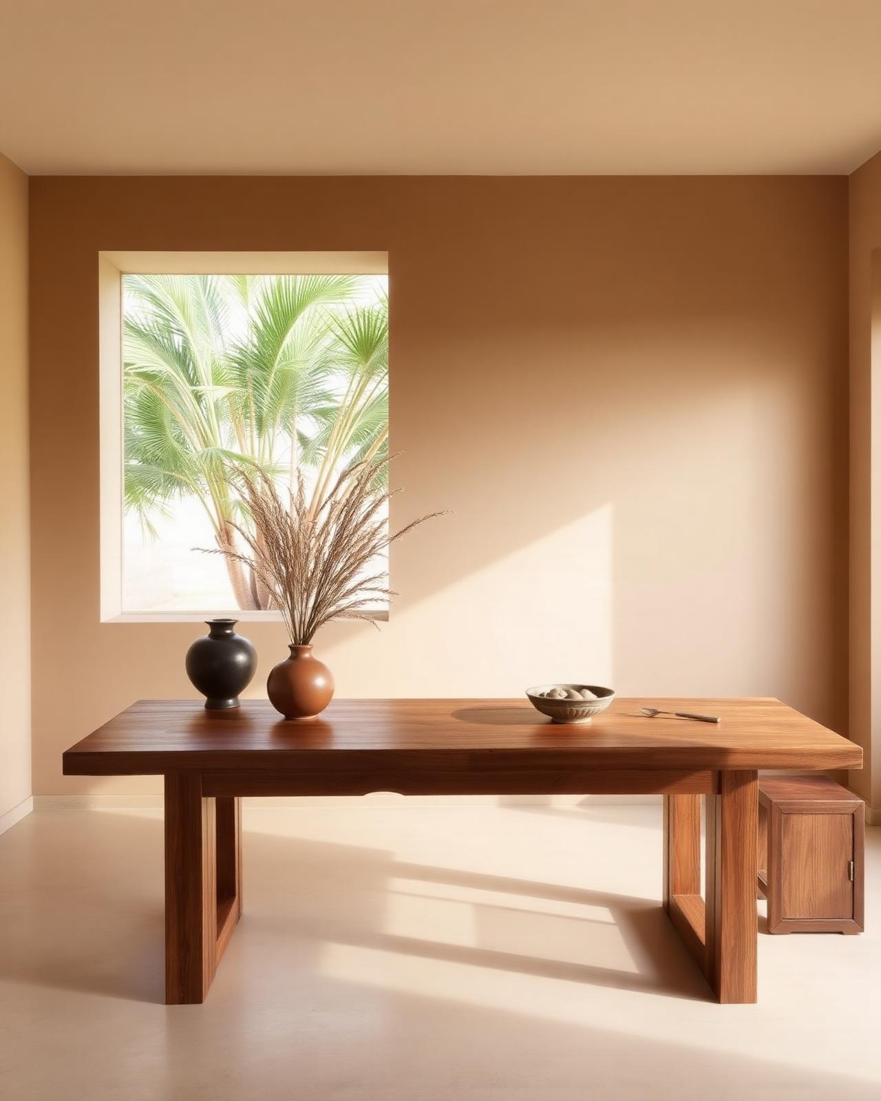 A beautifully styled solid hardwood table in a sunlit minimal room