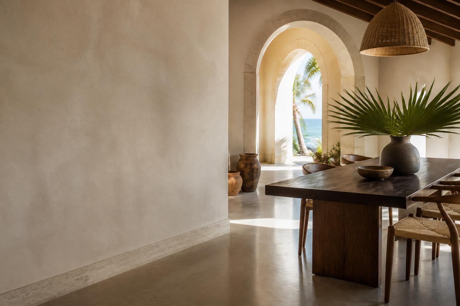 Handcrafted solid wood dining table in a Caribbean villa